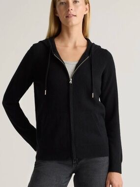 Quince 100% Mongolian Cashmere Black Zip-Up Hooded Sweater L